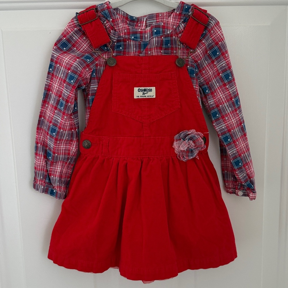 Oshkosh B’gosh Red Corduroy Overalls Jumper Dress Coordinating Top - Size 3T